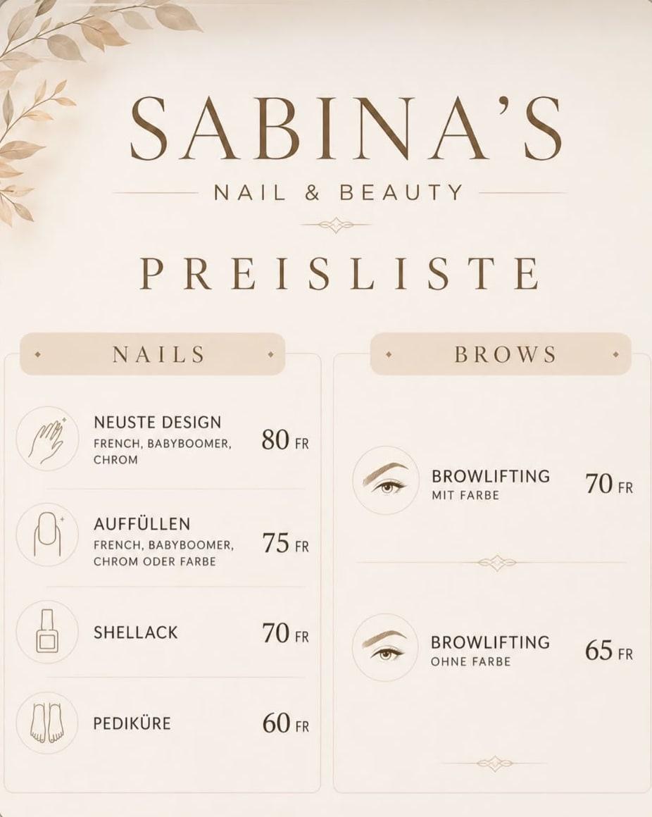 Preisliste von Sabina’s Nail & Beauty: Nails und Brows